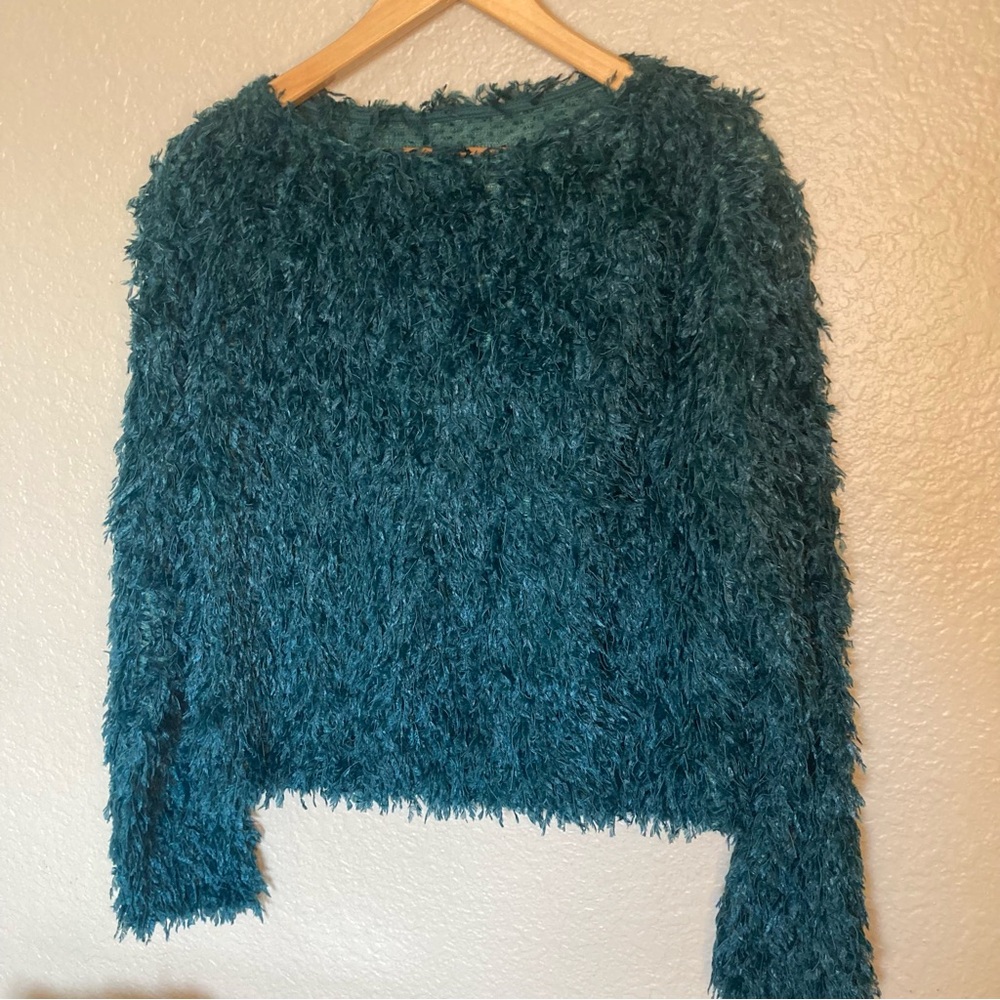 G by Giuliana Indie Bohemian Teal Sweater Textured Feathered Festival Size XS.